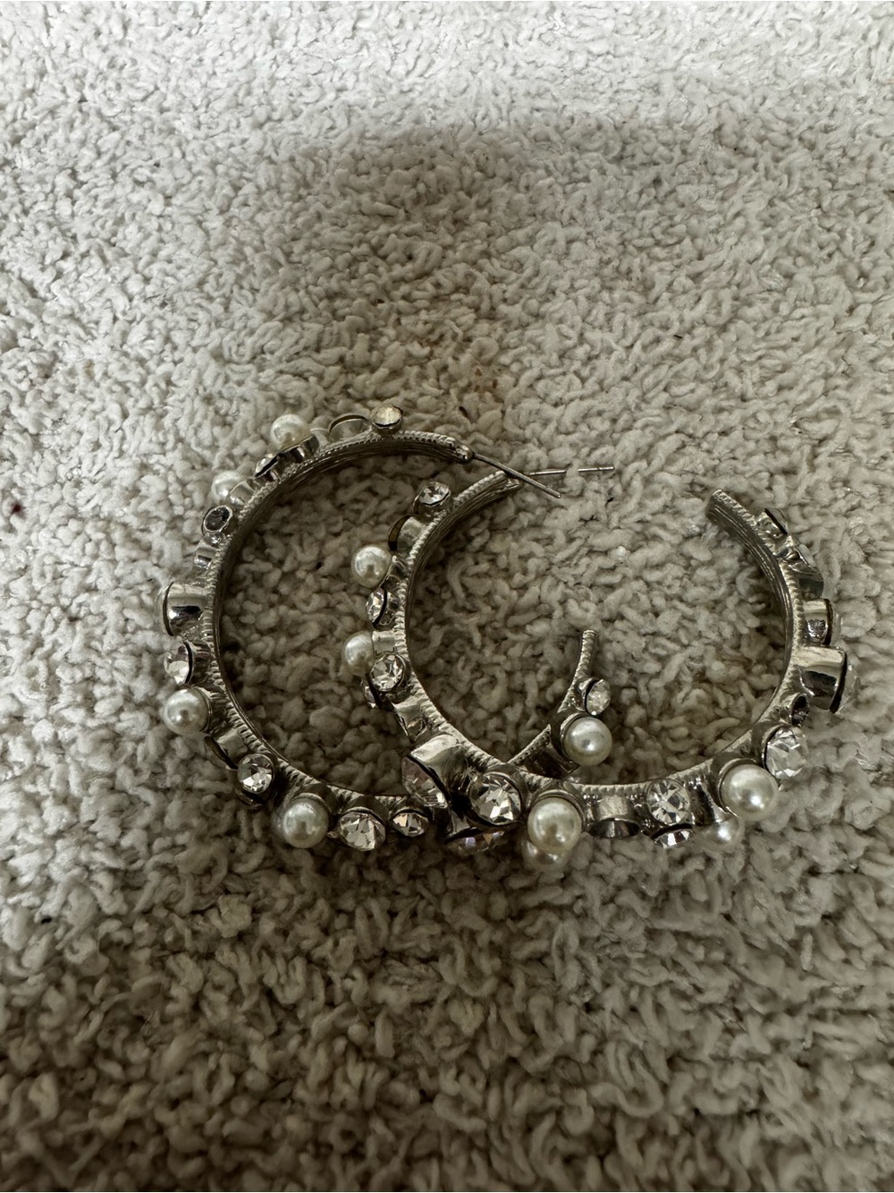Paparazzi Silver Hoop Earrings with Faux Pearls and Clear Stones